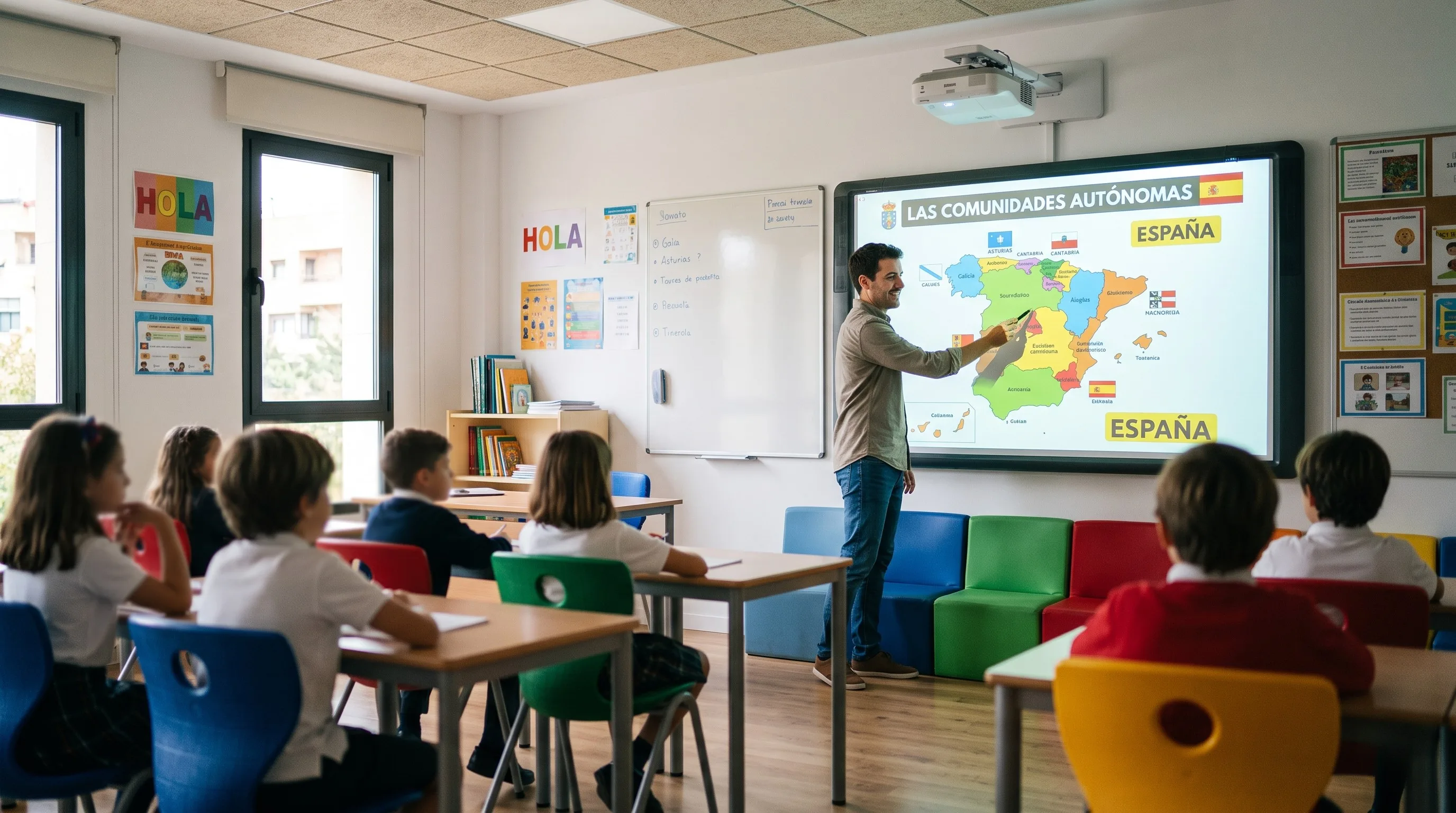 Aula equipada con pizarra digital interactiva y proyector