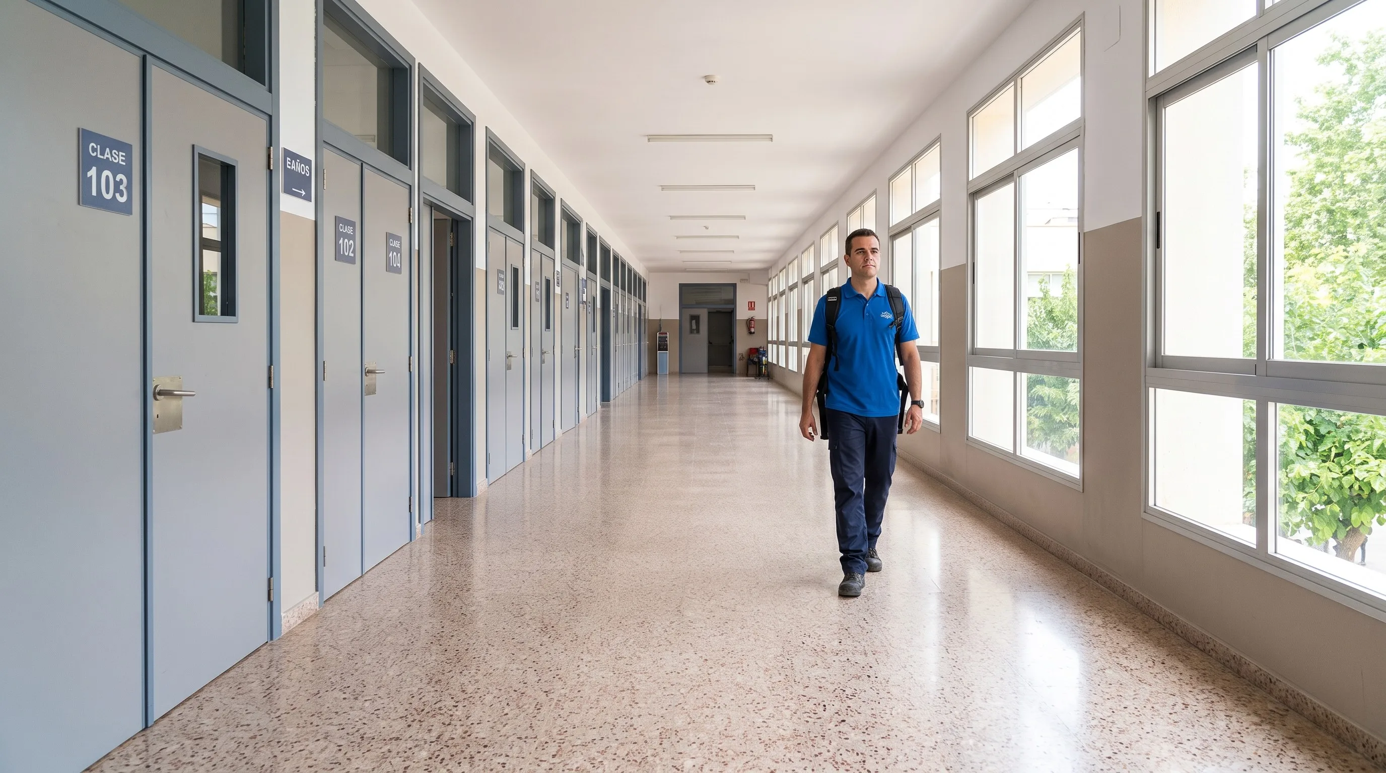 Pasillo de un centro educativo con aulas equipadas