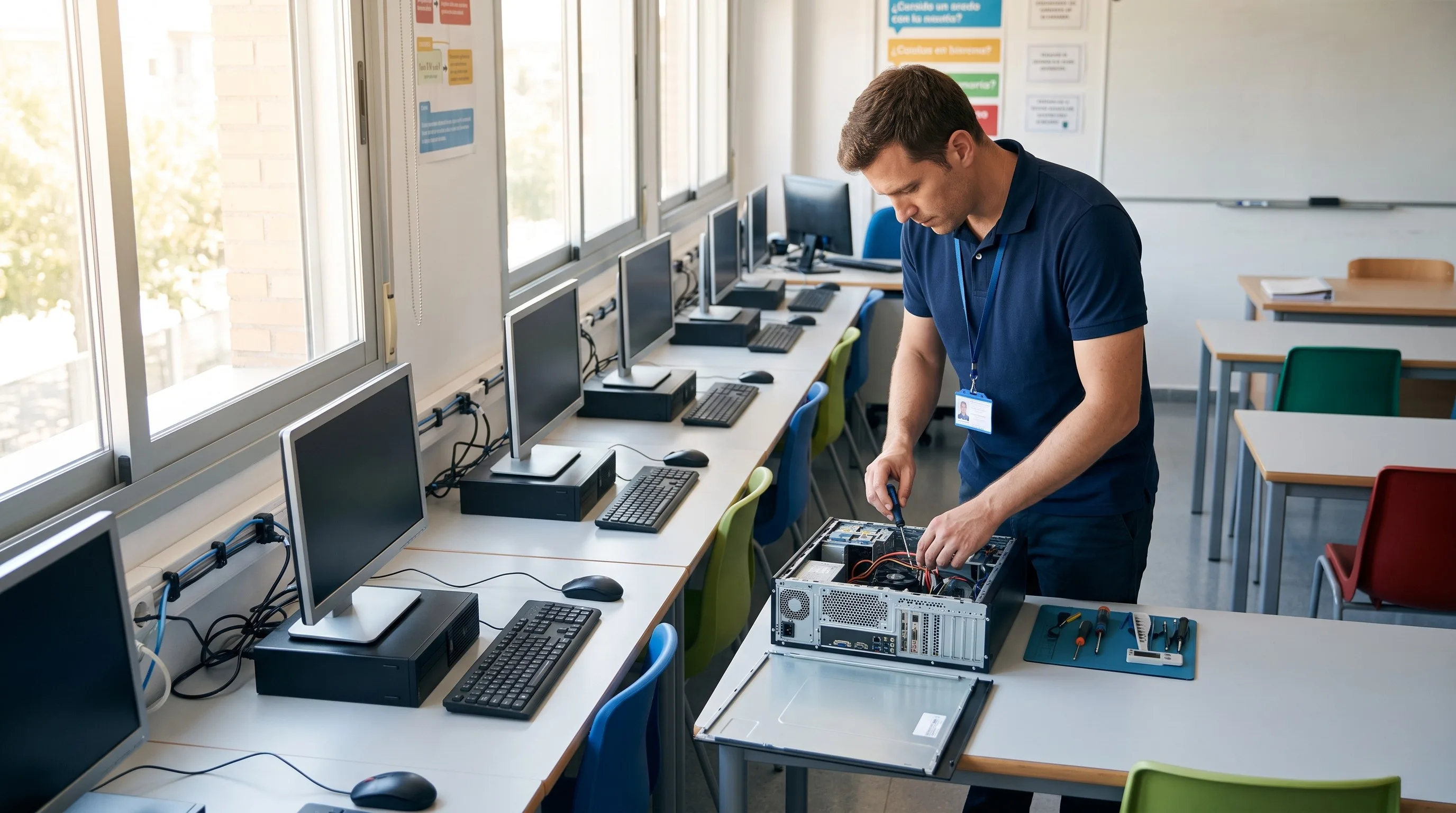Técnico revisando equipos informáticos en un aula