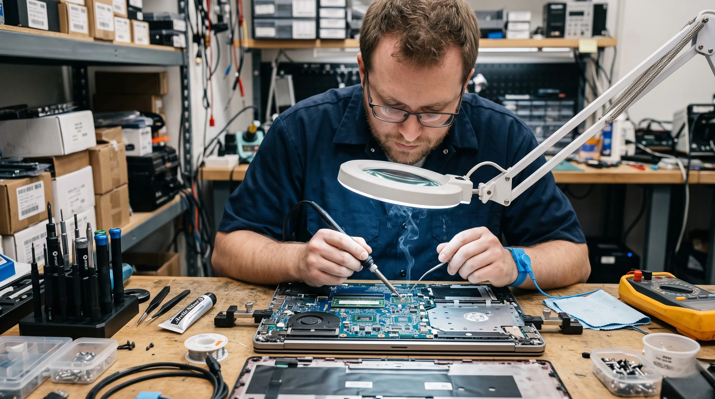 Técnico reparando la placa base de un portátil con herramientas de precisión