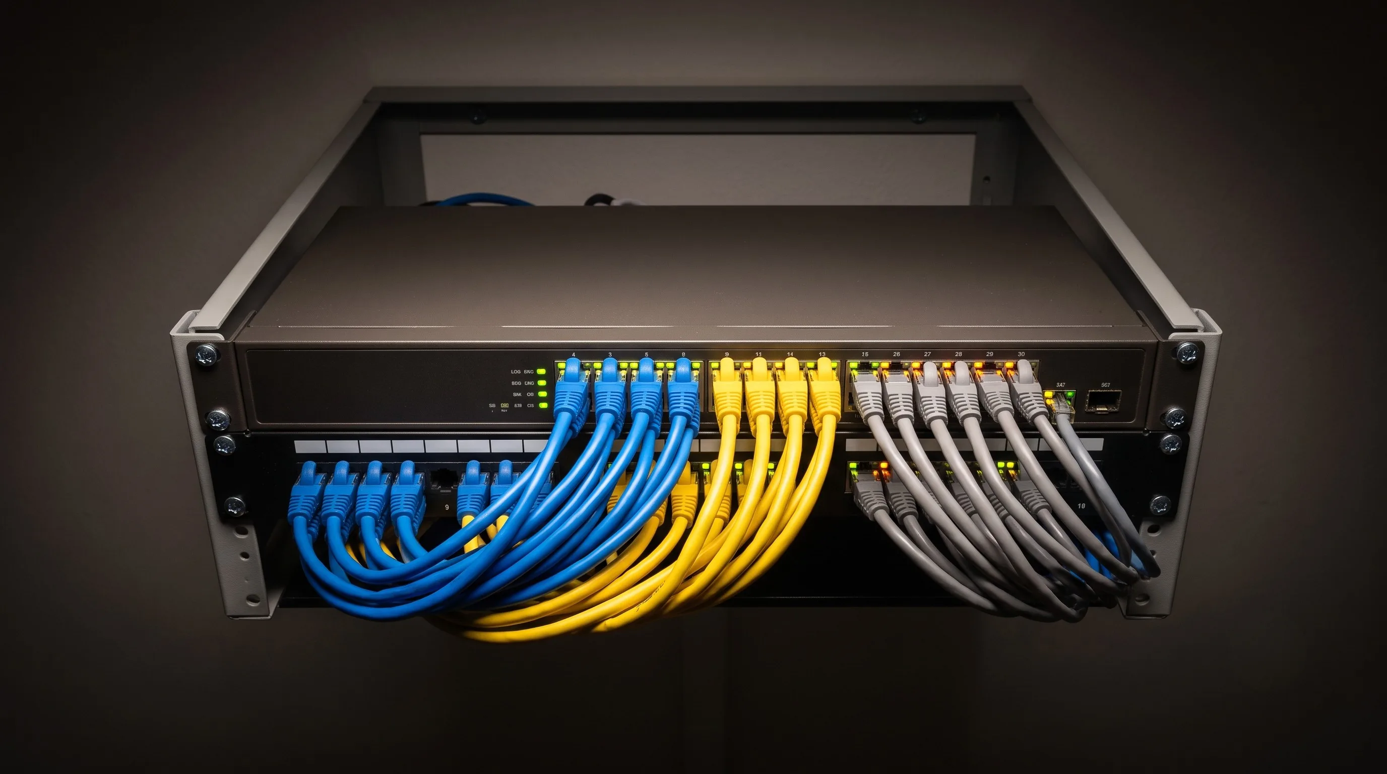 Rack de red con switches y cableado organizado para centro educativo